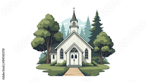 Charming small white wooden church with a steeple standing peacefully in a lush green forest clearing under a bright blue sky.