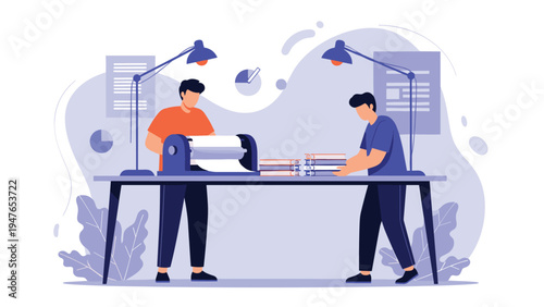 Creative team working together at a desk with specialized machinery for printing, binding, or document processing in a studio.