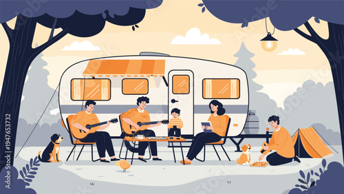 Happy family enjoying a camping trip together with their dog and a modern caravan in a beautiful forest during the autumn season.