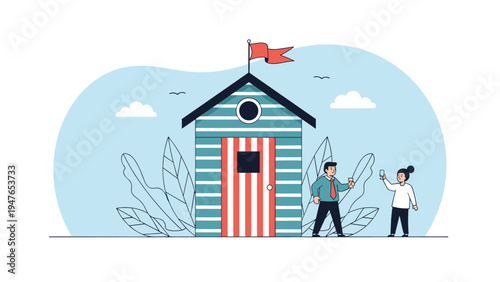 Happy couple enjoying a relaxing vacation together standing in front of a colorful striped beach hut on a sunny summer day.