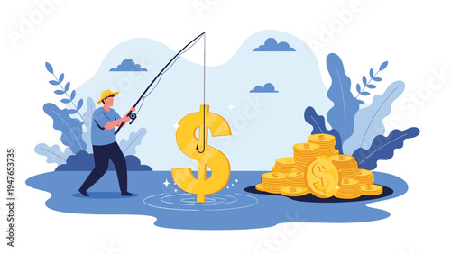 Conceptual image of a man using a fishing rod to catch a large golden dollar symbol in a pond next to a pile of gold coins.