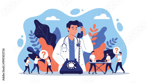 Concerned male doctor talking on an old telephone while emergency medical scenes and patients are depicted in the background.