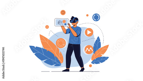 Young person wearing a virtual reality headset interacting with digital interface elements in a futuristic technological environment.