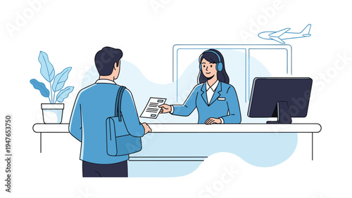 Friendly airport staff member assists a male traveler with his documents at a check-in counter before his departing flight journey.