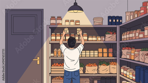 Diligent man seen from behind organizing rows of food jars and fresh produce on the shelves of a well stocked home pantry room.