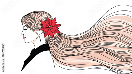 Elegant side profile of a woman with flowing long blonde hair decorated with a vibrant red poinsettia flower in her hair.