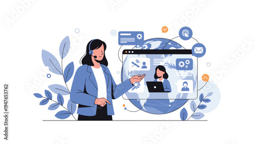 Female customer support representative with a headset provides global assistance through a digital interface and world map.