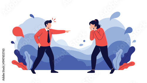 Angry male supervisor or colleague shouting and pointing at a distressed woman in a tense office workplace conflict scene.