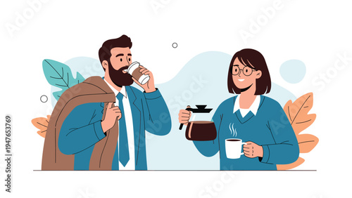 Two business colleagues enjoying a friendly coffee break and conversation while standing in a modern office or cafe setting.