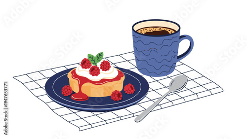 Delicious fruit tart topped with whipped cream and raspberries served next to a hot cup of coffee on a checkered tablecloth.