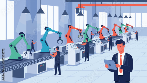 Modern automated factory floor featuring several robotic arms on a conveyor belt with technicians monitoring the production process.