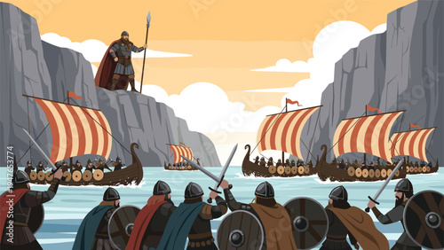 Epic scene of viking warriors on longships approaching a rocky shore while a leader stands on a high cliff overlooking the bay.