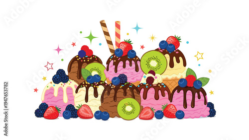 Colorful pile of various ice cream scoops decorated with fresh berries, kiwi slices, chocolate drizzle, and decorative stars.
