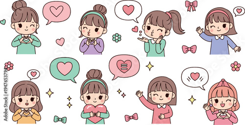 Cute kawaii girls expressing love and emotions vector illustration set with heart speech bubbles, adorable characters, cartoon kids and romantic feelings