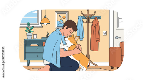 Young man kneeling on the floor and embracing his pet corgi dog in a cozy living room with home decor and furniture.