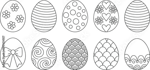 Easter egg outline vector set with floral and geometric patterns for holiday coloring book design