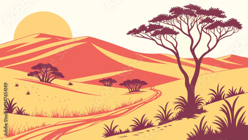 A desert landscape with a tree and mountains Vector