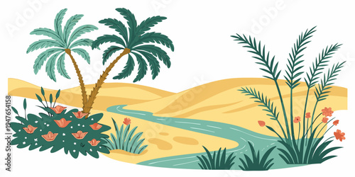 A desert oasis with palm trees and flowers Vector