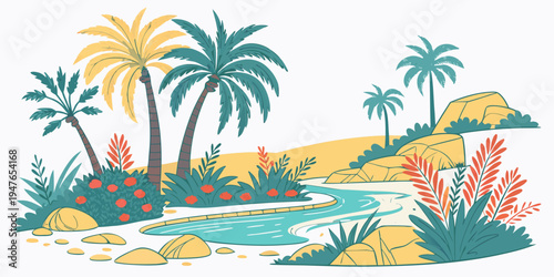 A tropical island with palm trees and a pond Vector