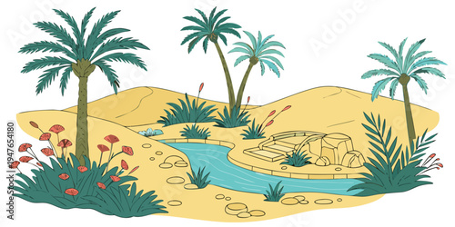 A desert oasis with a stream and palm trees Vector