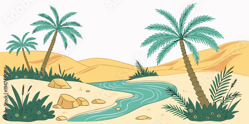 A desert oasis with palm trees and a stream Vector