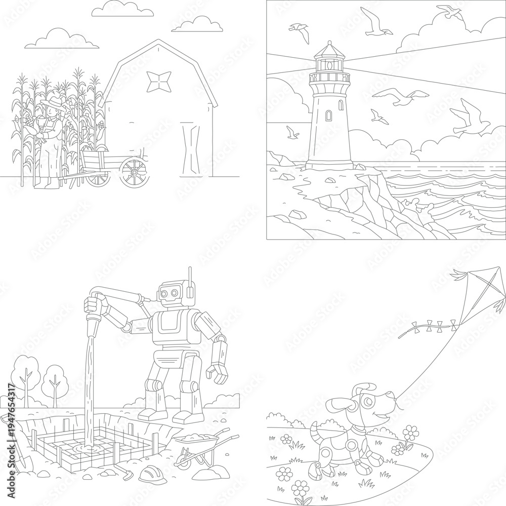 Obraz premium Children's coloring pages: country barn farm, coastal lighthouse, robot gardener, and outdoor kite flying fun, farm scene