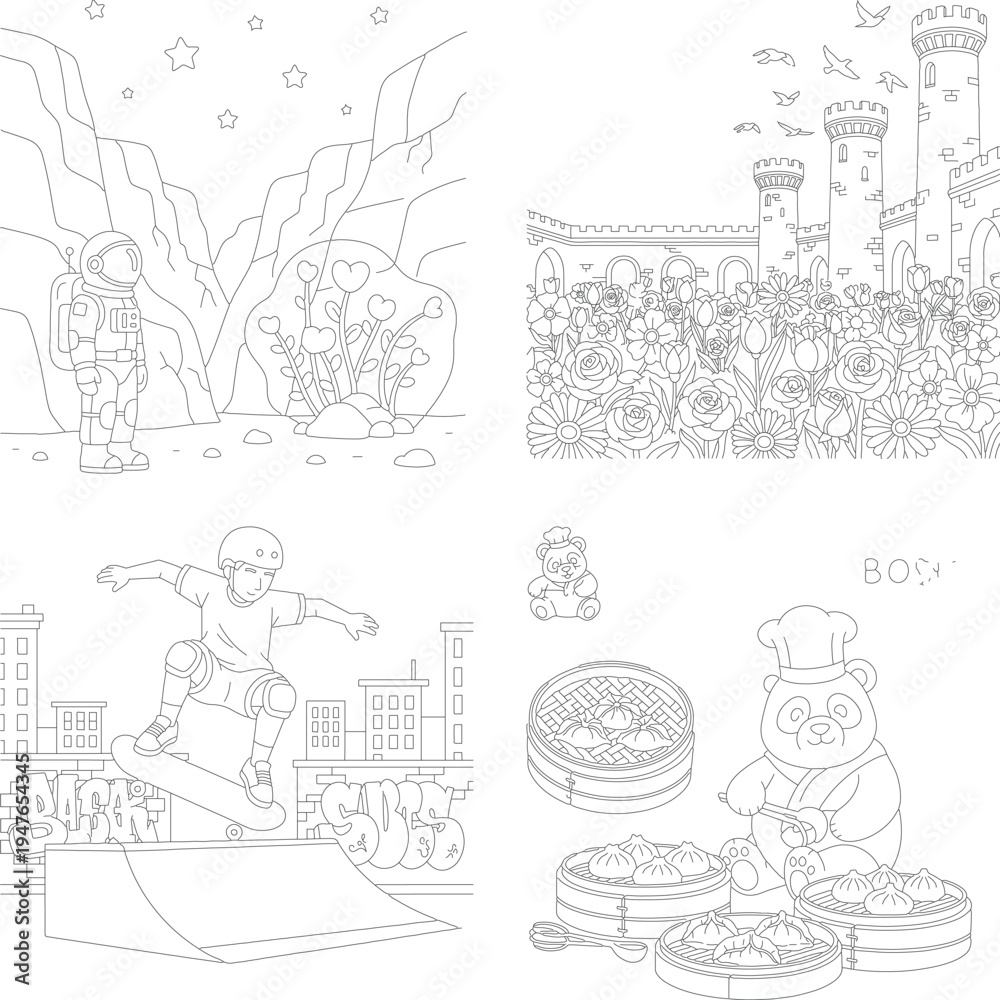 Obraz premium Houses with trees and flowers, coloring page outline, line art, black and white
