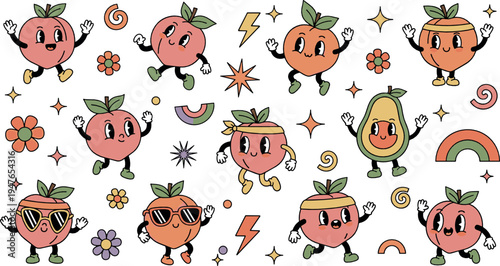 Cute kawaii peach characters collection vector illustration with funny fruit mascots, smiling faces and playful cartoon food characters