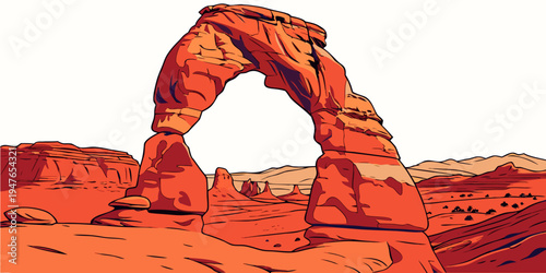 A large red rock arch in the desert landscape Vector