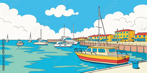 A colorful boat sitting on a dock by the water Vector