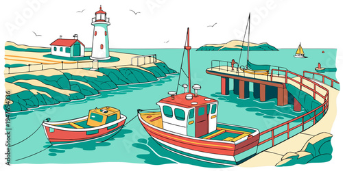 A red and white boat is docked at a pier near a lighthouse Vector