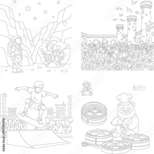 Houses with trees and flowers, coloring page outline, line art, black and white