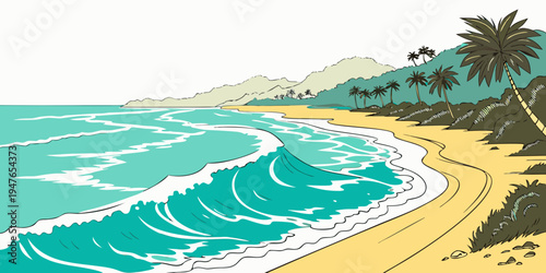 A beach with a sandy shore and palm trees Vector
