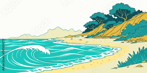 A pixel art illustration of a beach with a wave Vector