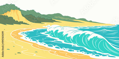 A wave crashes on a sandy beach Vector