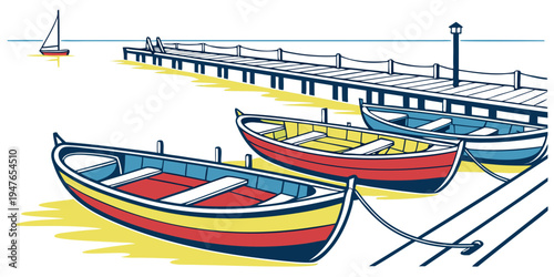 A group of colorful boats are docked at a pier Vector