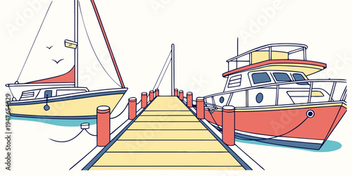 A red boat and a sailboat are docked at a pier Vector
