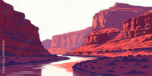 A river runs through a canyon with red rock formations Vector