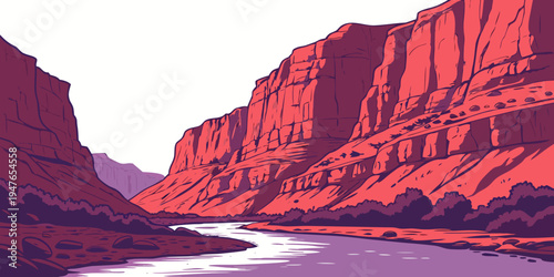A red rocky canyon with a river running through it Vector
