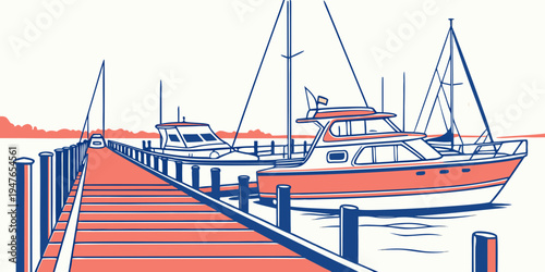 A boat is docked at a pier on the water Vector