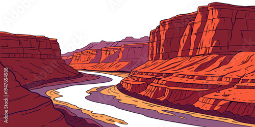 A river flowing through a rocky canyon landscape Vector