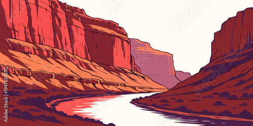 A pixel art canyon with a river running through it Vector