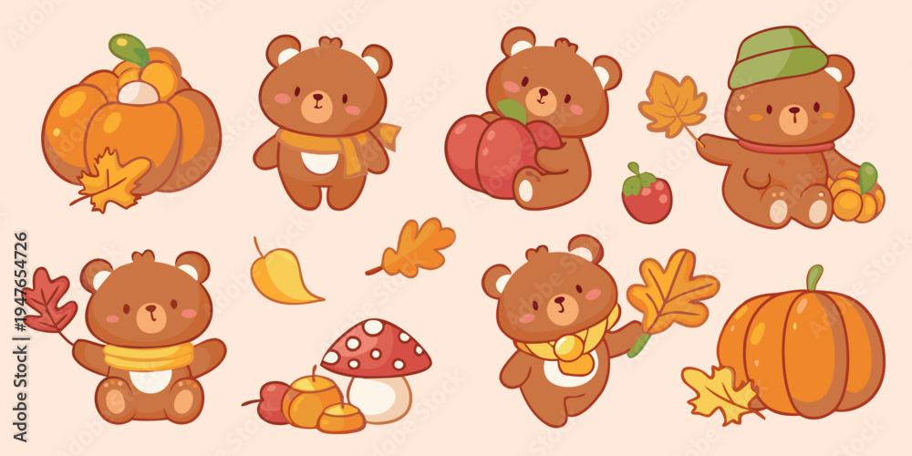 Fototapeta premium Adorable cartoon bears with autumn produce and fall foliage elements