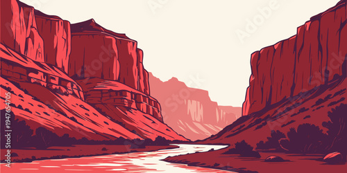 A red canyon with a river running through it Vector