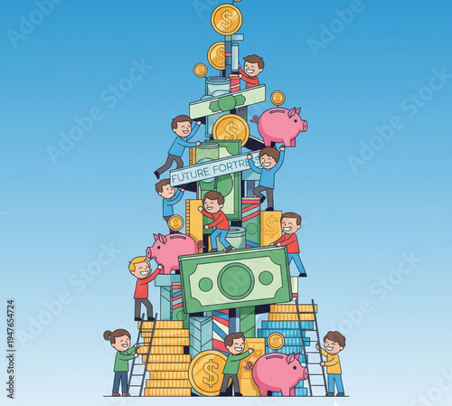 Team diligently constructs a tall structure from money, coins, piggy banks, depicting collective financial growth, savings, and investment for a prosperous future