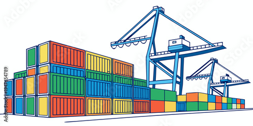 A stack of colorful shipping containers next to blue cranes Vector