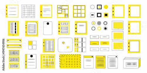 A collection of yellow binder covers and inserts with various designs