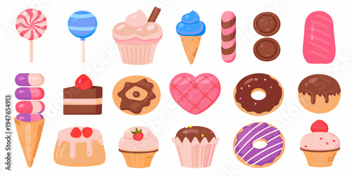 Colorful assortment of various sweet treats and desserts displayed together