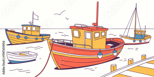 A red and yellow fishing boat sitting in the water Vector