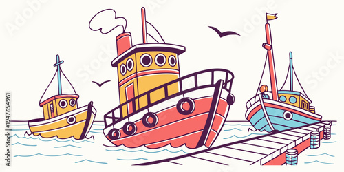 A colorful illustration of boats docked at a pier Vector